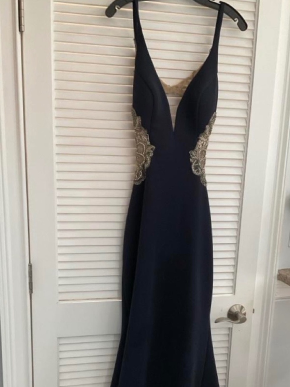 Faviana Glamour navy and gold beaded open back formal gown size 8